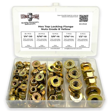 Boltsandnuts.Com Grade 8 Hex Top Locking Flange Nuts Zinc Yellow - 95 PCS Assortment Kit #149